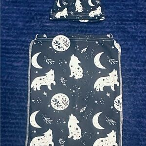 Navy Blue Wolf Print Swaddle Sack and Hat Set